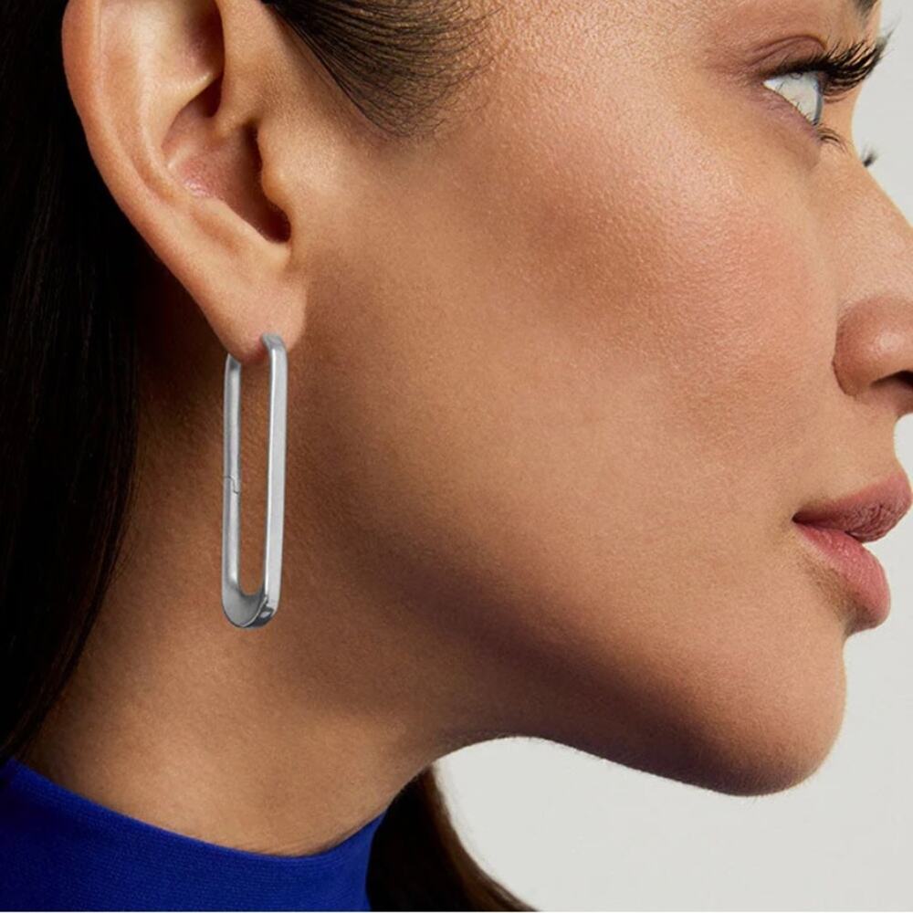 New! Dean Davidson Crosby Drop Hinged Hoops Brushed Silver Elongated Earrings